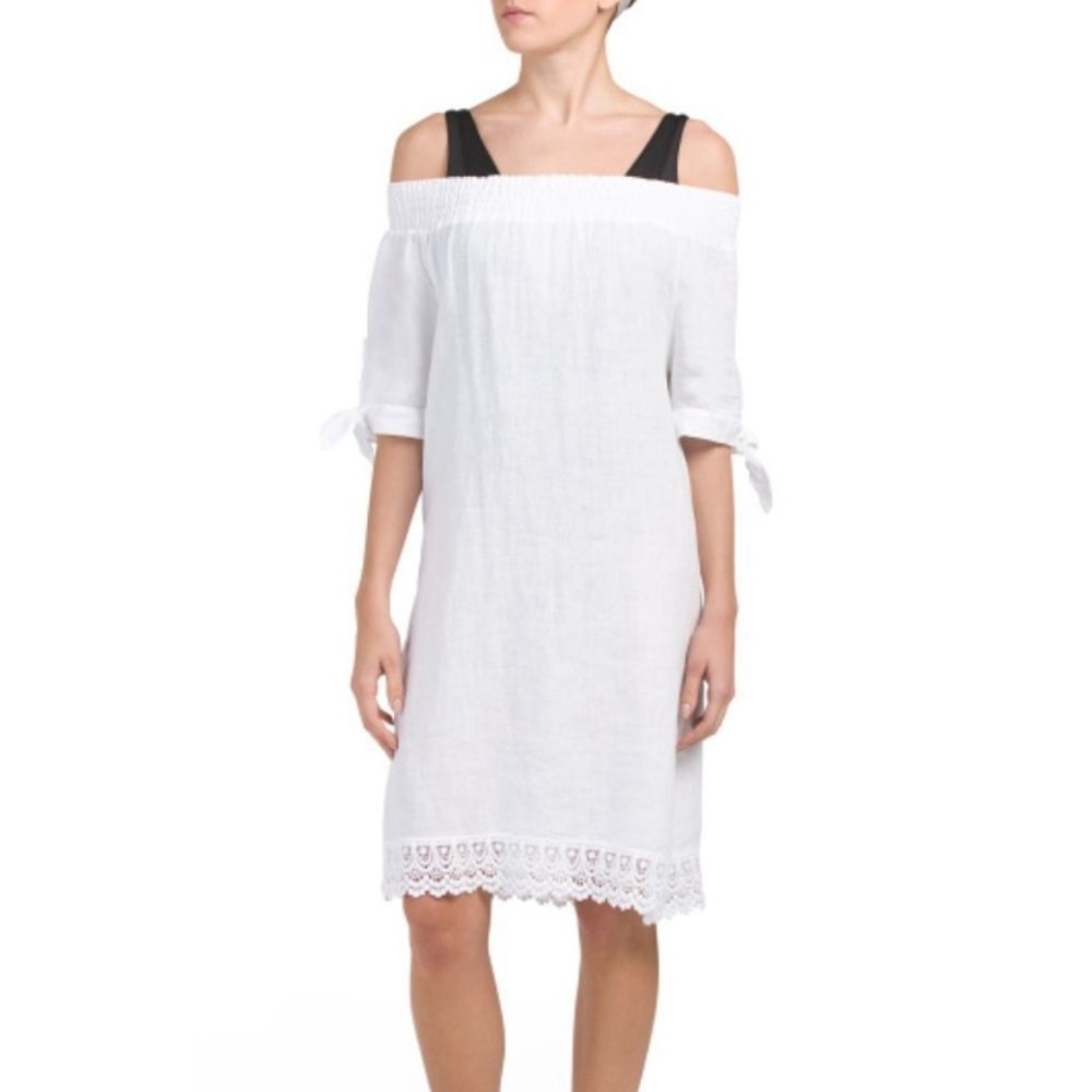 Terzo Millennio White Off-Shoulder Women's Dress with Lace Trim Small 100% Linen